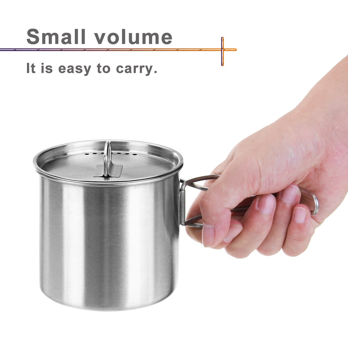 500ml Stainless Steel Water Mug Cup with Lid and Foldable Handle Outdoor Camping Pot Cooking Pots Picnic Hang Pot