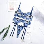 Women Sexy Three Points Blue Embroidered Lingerie Set